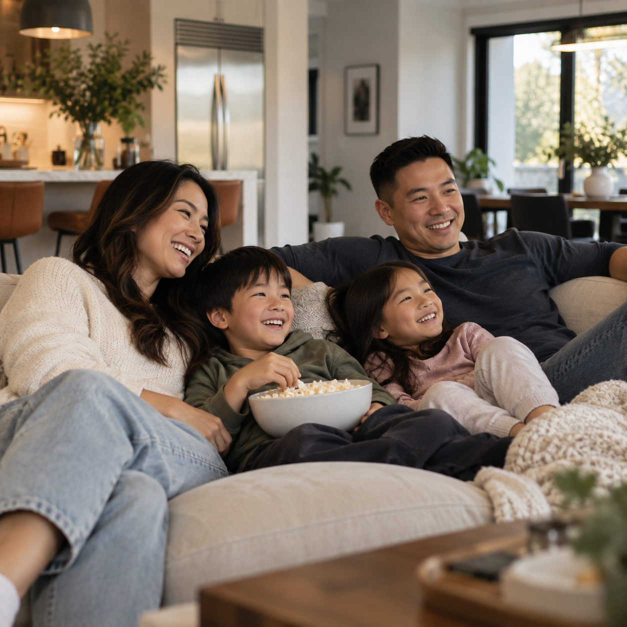 Happy family sitting in nice home.