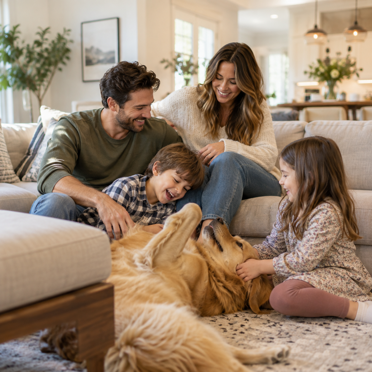 Happy family sitting in nice home.