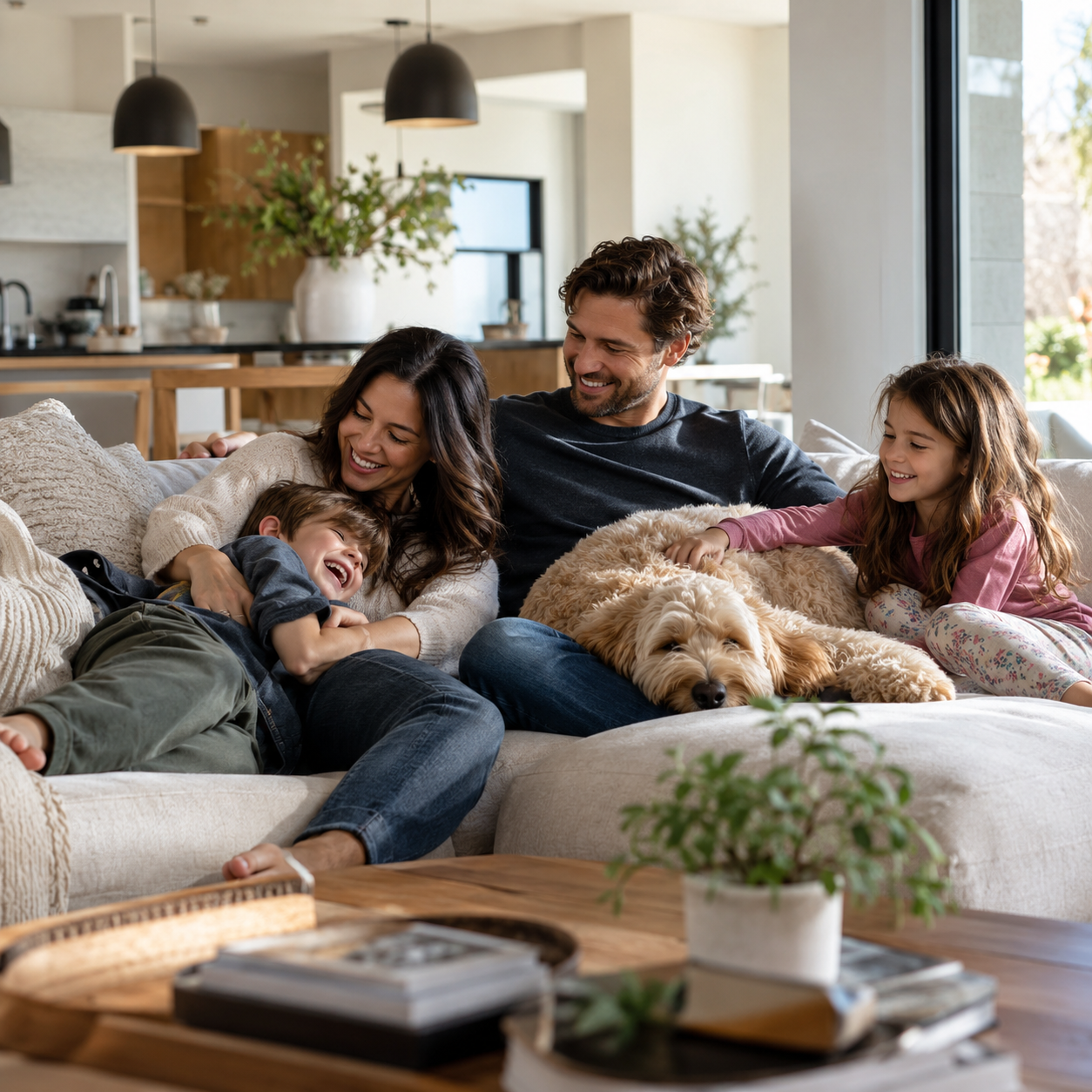 Happy family sitting in nice home.