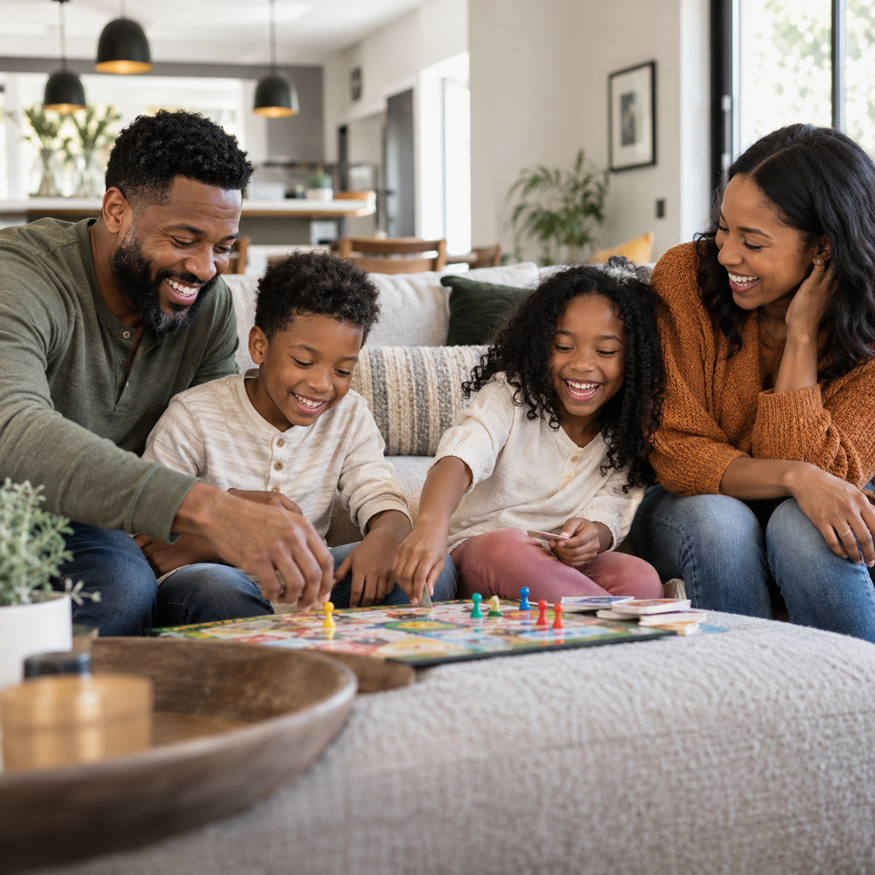 Happy family sitting in nice home.