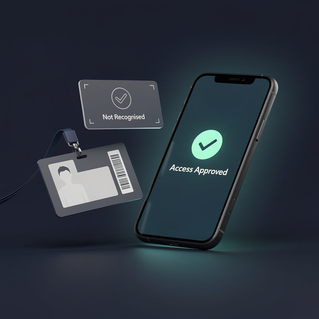 A phone showing an Access Approved confirmation next to a lanyard pass and a Not Recognised card, illustrating the Live Scan approval flow