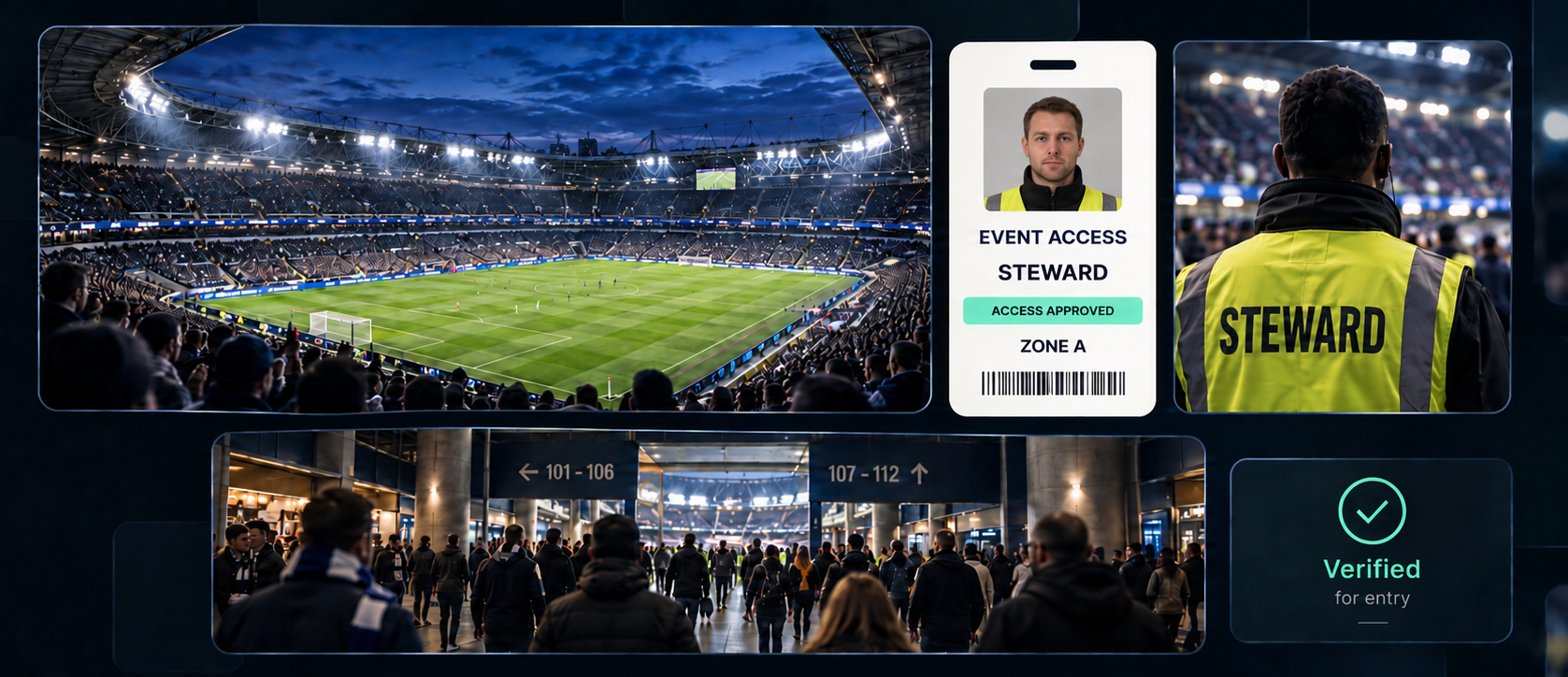 Stadium security dashboard showing a steward's digital access pass with zone verification and crowd flow through the concourse
