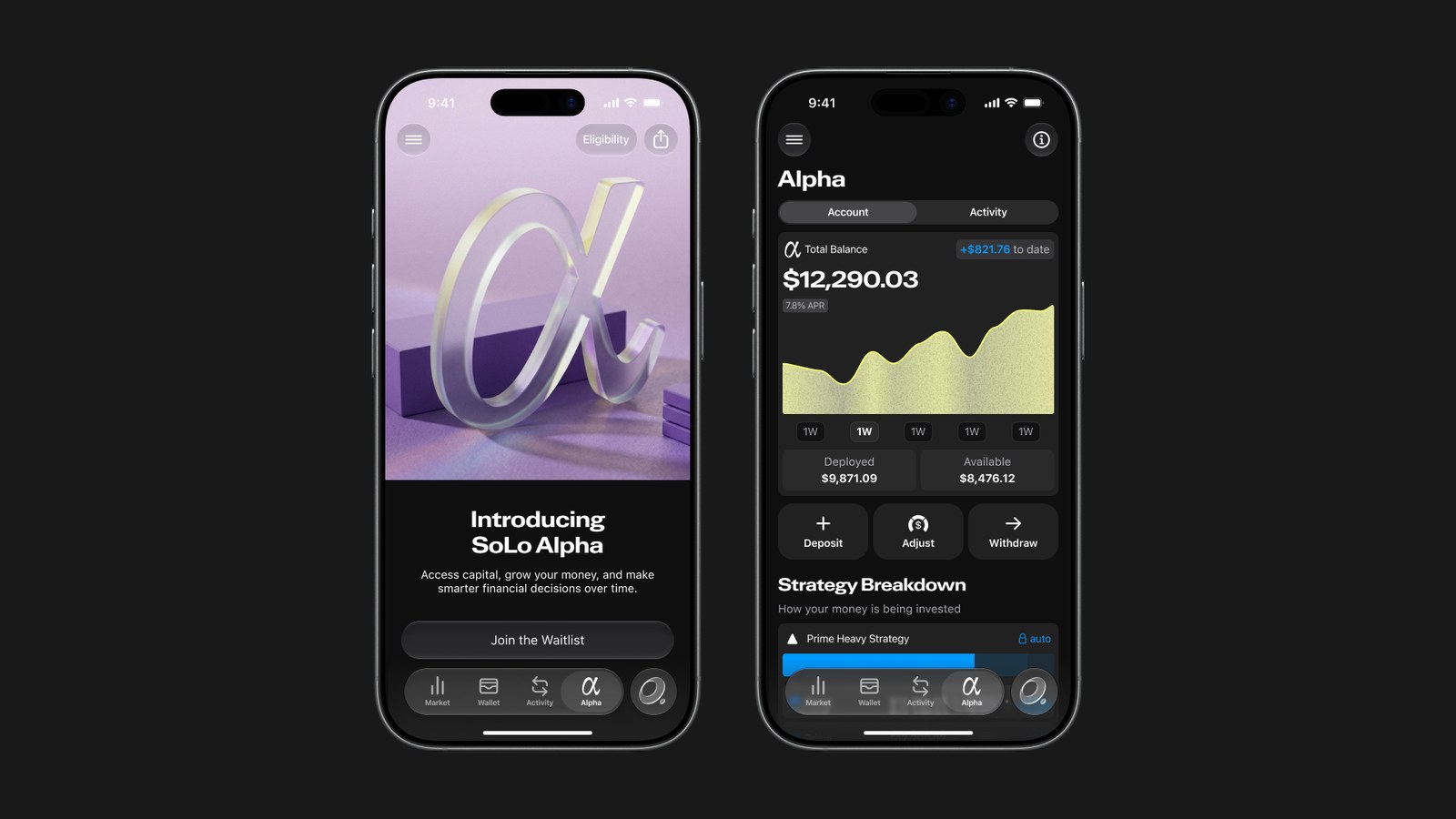 The SoLo Alpha intro screen and the Alpha account dashboard in the SoLo app