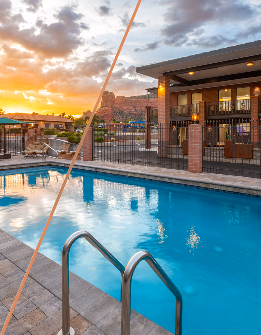 Outdoor pool at sunset at Kokopelli Inn Sedona