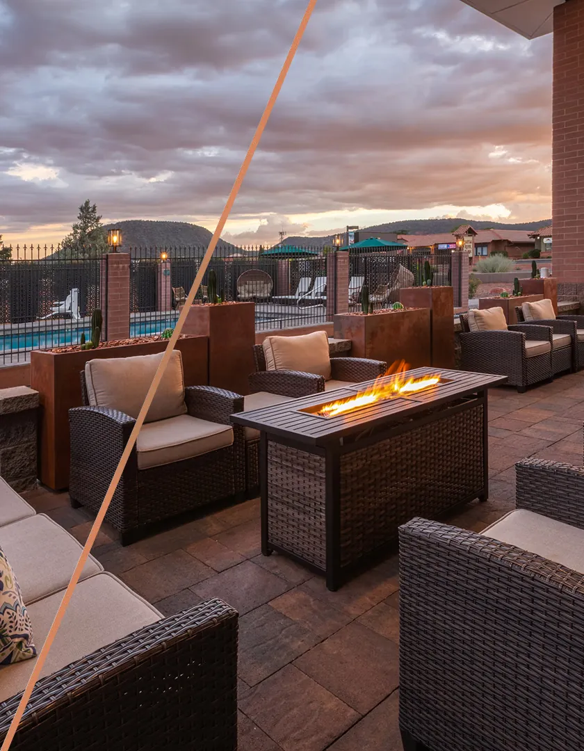 Outdoor fire pit patio at sunset at Kokopelli Inn Sedona
