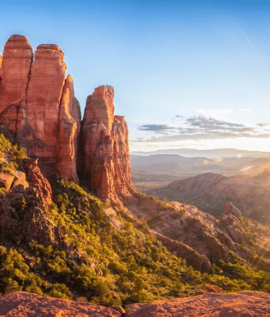 Cathedral Rock red rock spires at sunset above the Sedona valley