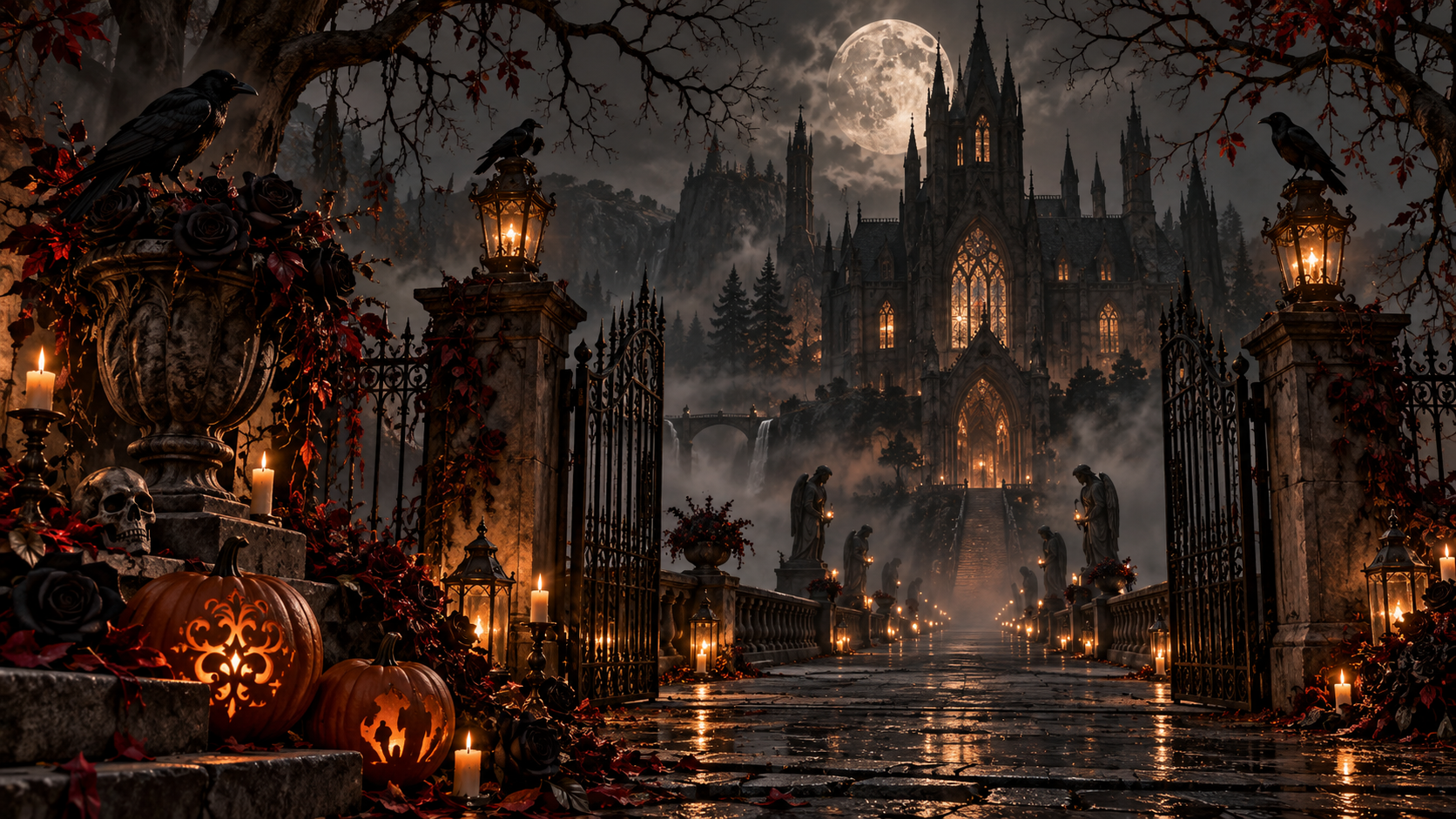 Moonlit gothic manor entrance with ravens, candles and wrought-iron gates