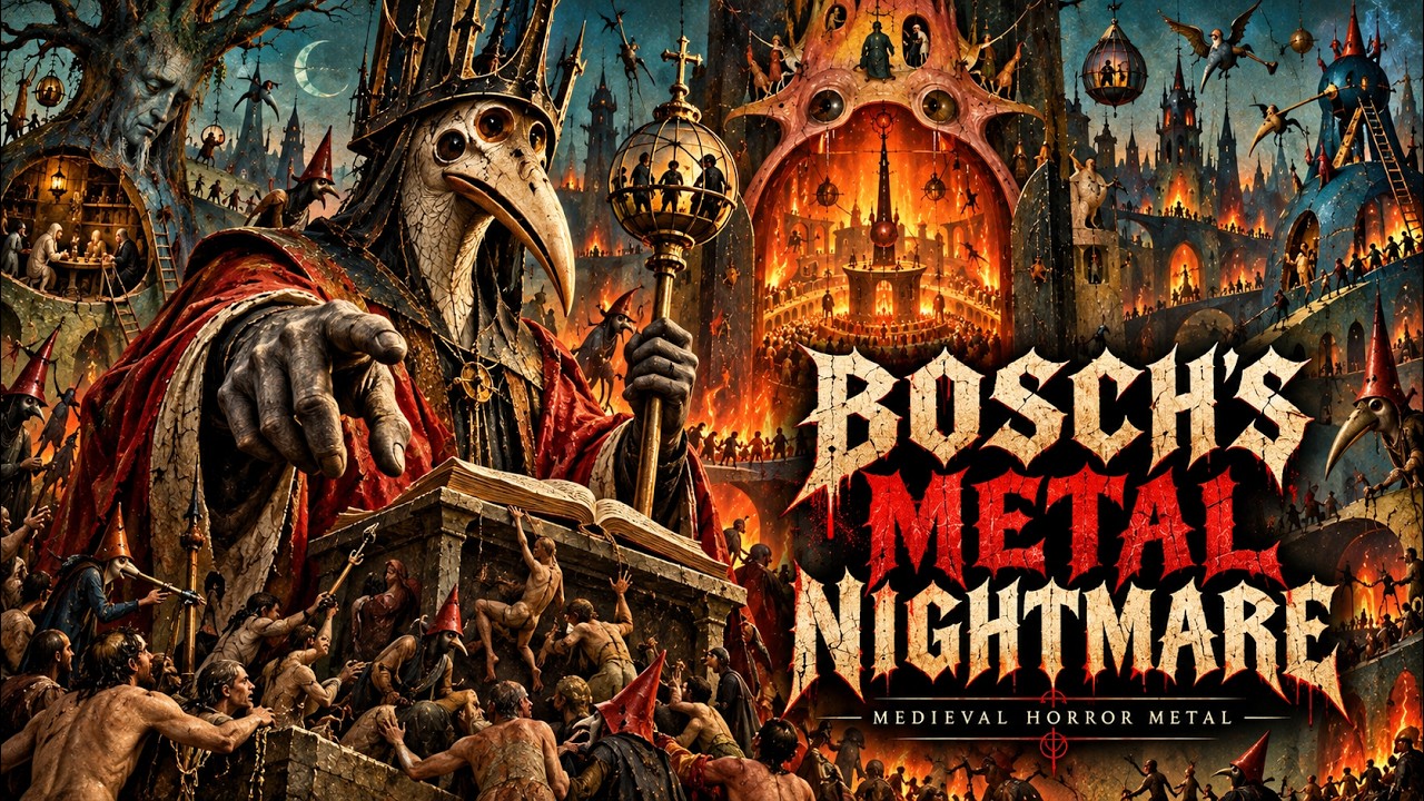 Bosch’s Metal Nightmare by Rhialto, Hieronymus Bosch horror metal music video artwork