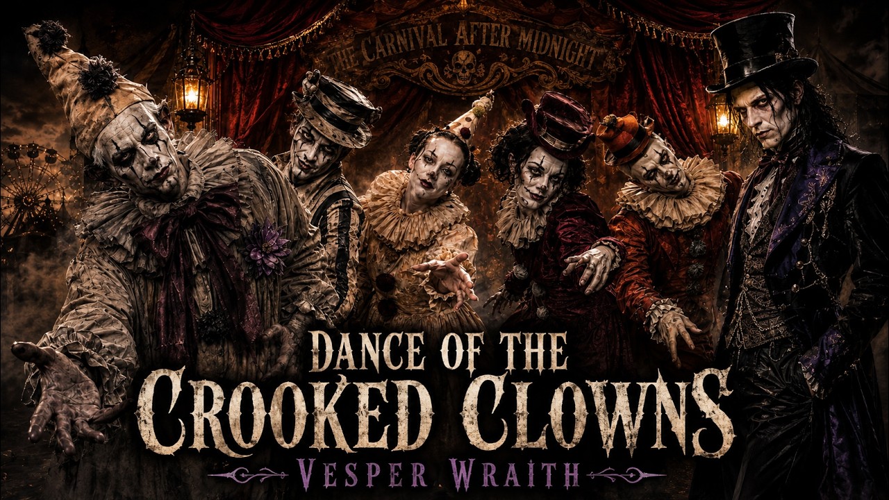 Dance of the Crooked Clowns by Vesper Mourdant, dark carnival clown artwork