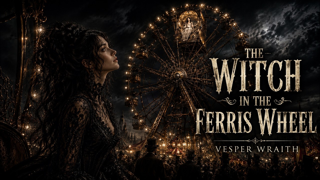 The Witch in the Ferris Wheel by Vesper Mourdant, gothic dark carnival Ferris wheel artwork