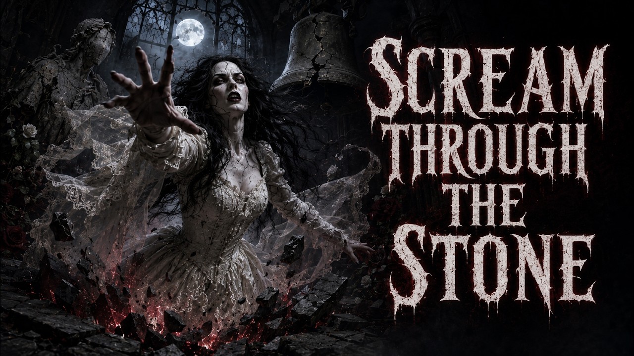 Scream Through the Stone by Vesper Mourdant, gothic chapel horror artwork
