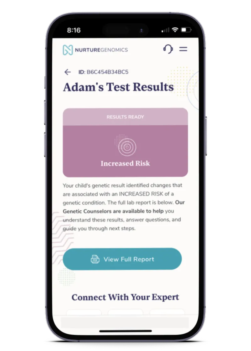 Nurture Genomics app showing a child’s test results