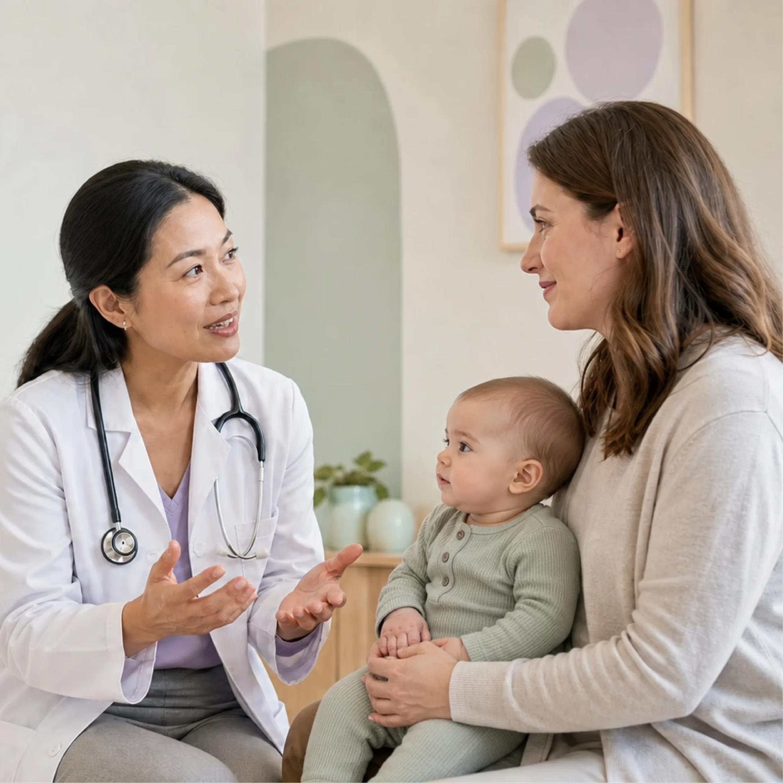 Pediatrician speaking with a mother holding her baby