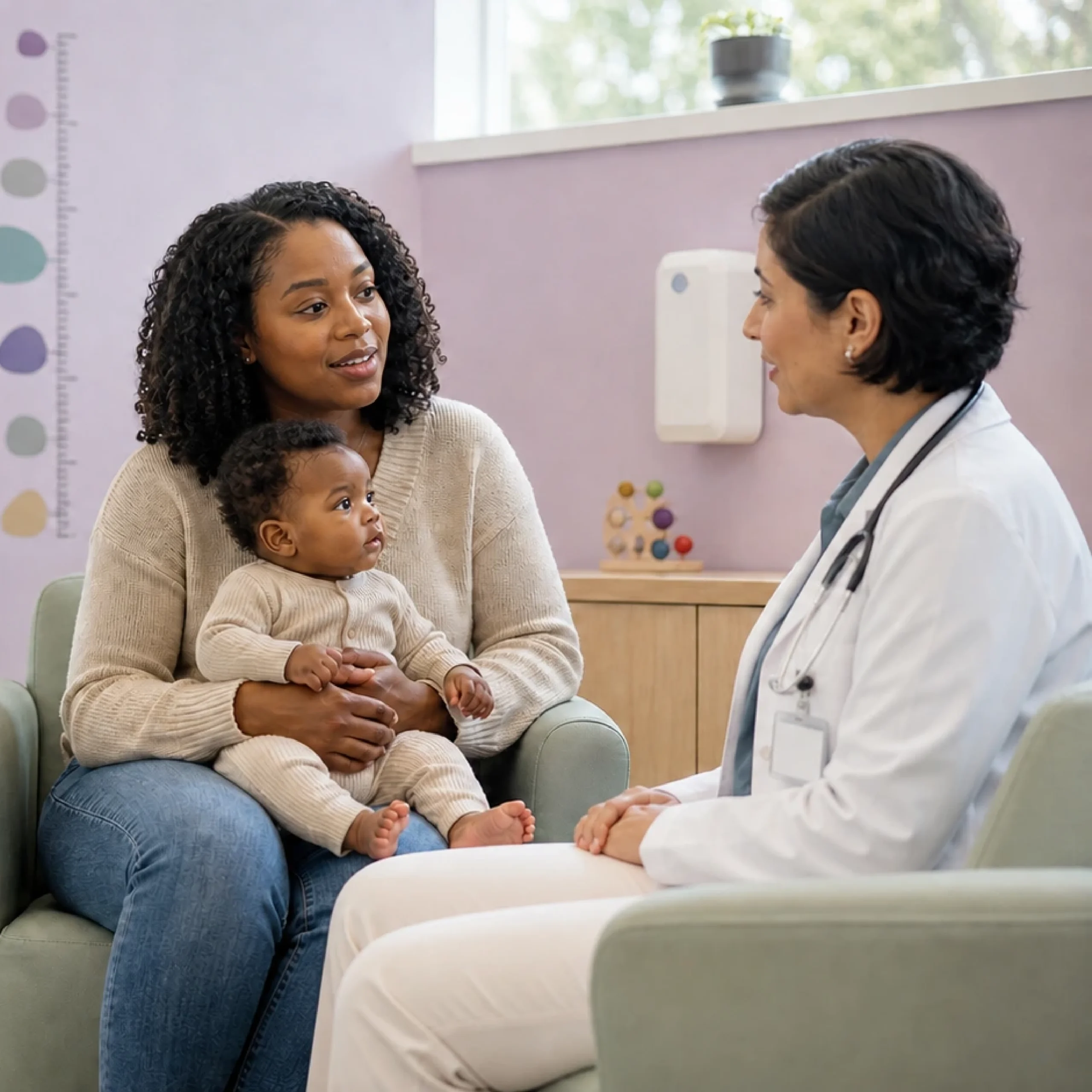 Mother holding her baby while talking with a physician