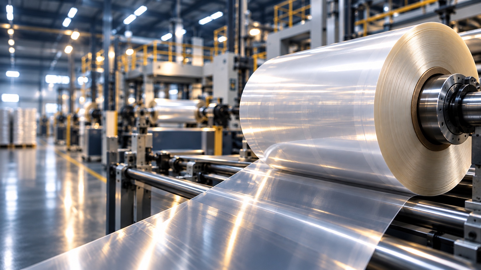 Large industrial machine in a factory unrolling a wide transparent plastic film from a large roll over metal rollers.