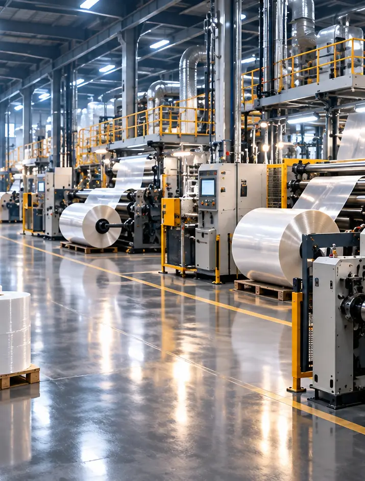 Interior view of a modern industrial factory with large machines processing wide rolls of shiny material on a polished floor under bright overhead lights.