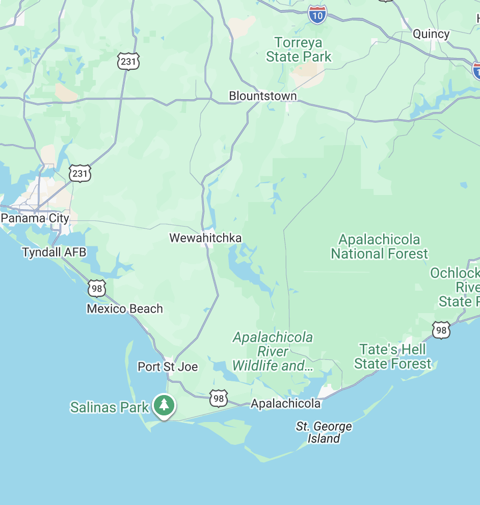 Service area map covering Panama City, Wewahitchka, Port St. Joe, and Cape San Blas