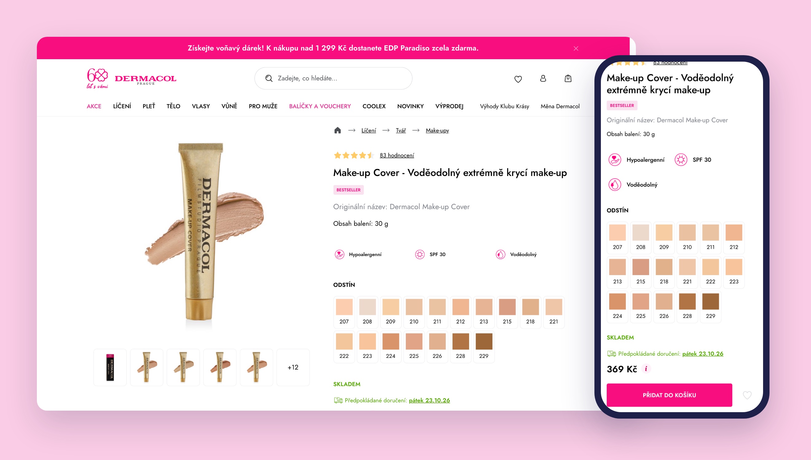 Detail produktu Make-up Cover na e‑shopu Dermacol na počítači a v mobilu: výběr odstínu, dostupnost a termín doručení