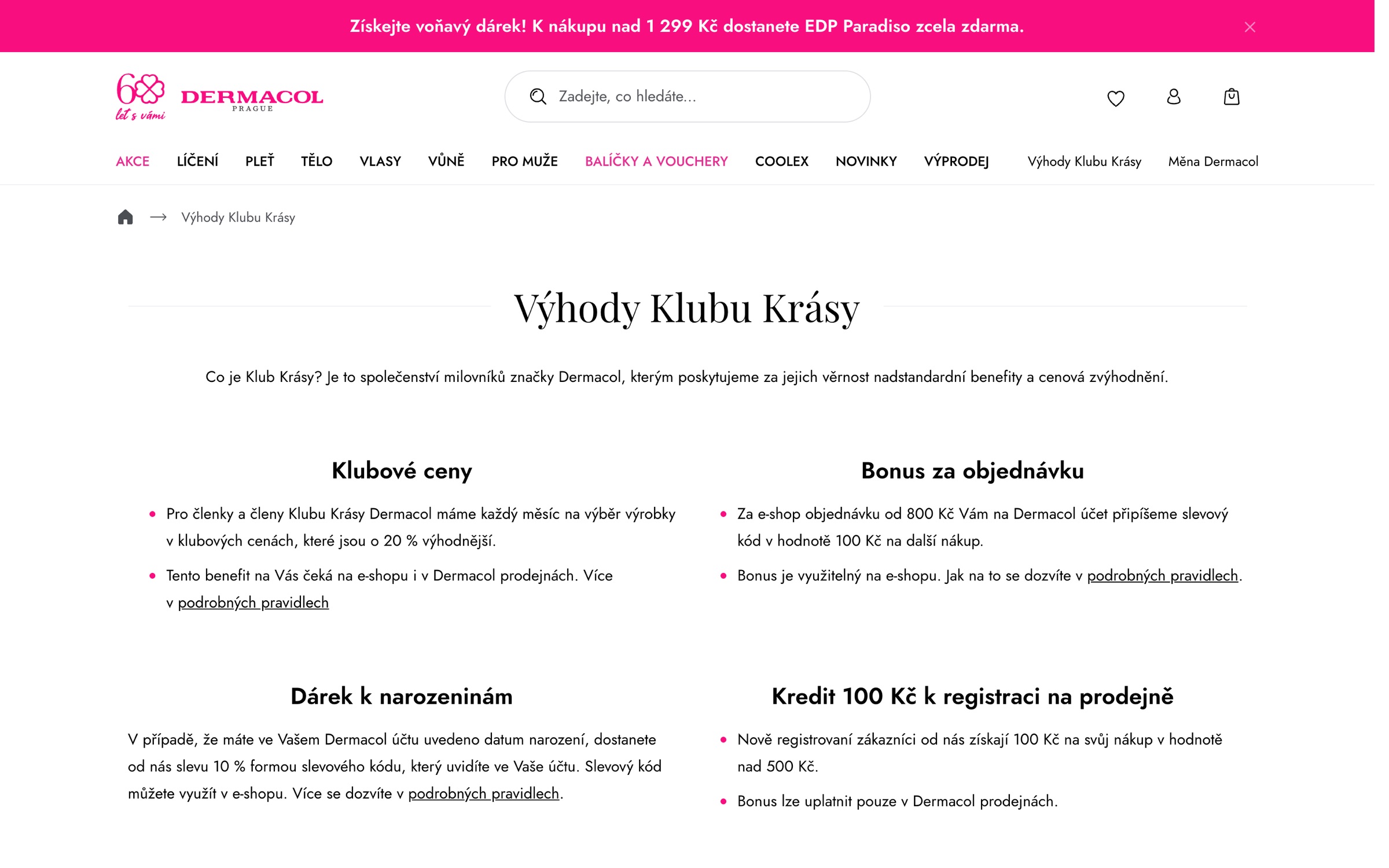 Věrnostní program s pokročilým cílením: stránka Výhody Klubu Krásy na dermacol.cz s klubovými cenami, bonusem za objednávku a dárkem k narozeninám