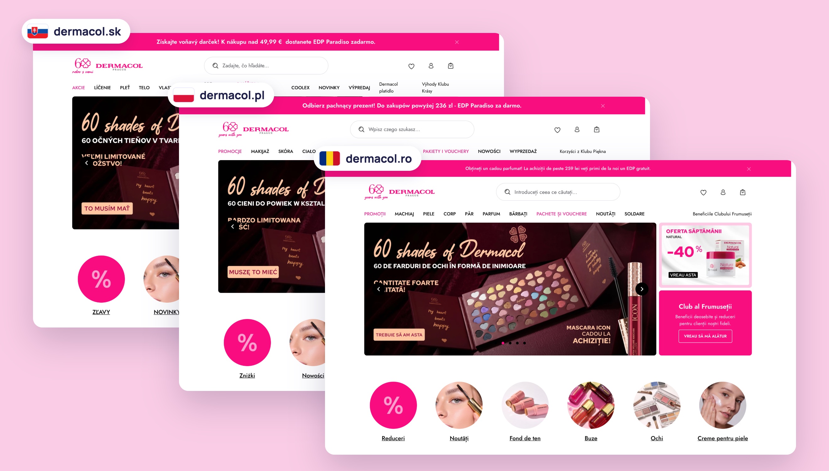 Stejný e‑shop Dermacol lokalizovaný pro Slovensko, Polsko a Rumunsko: dermacol.sk, dermacol.pl a dermacol.ro