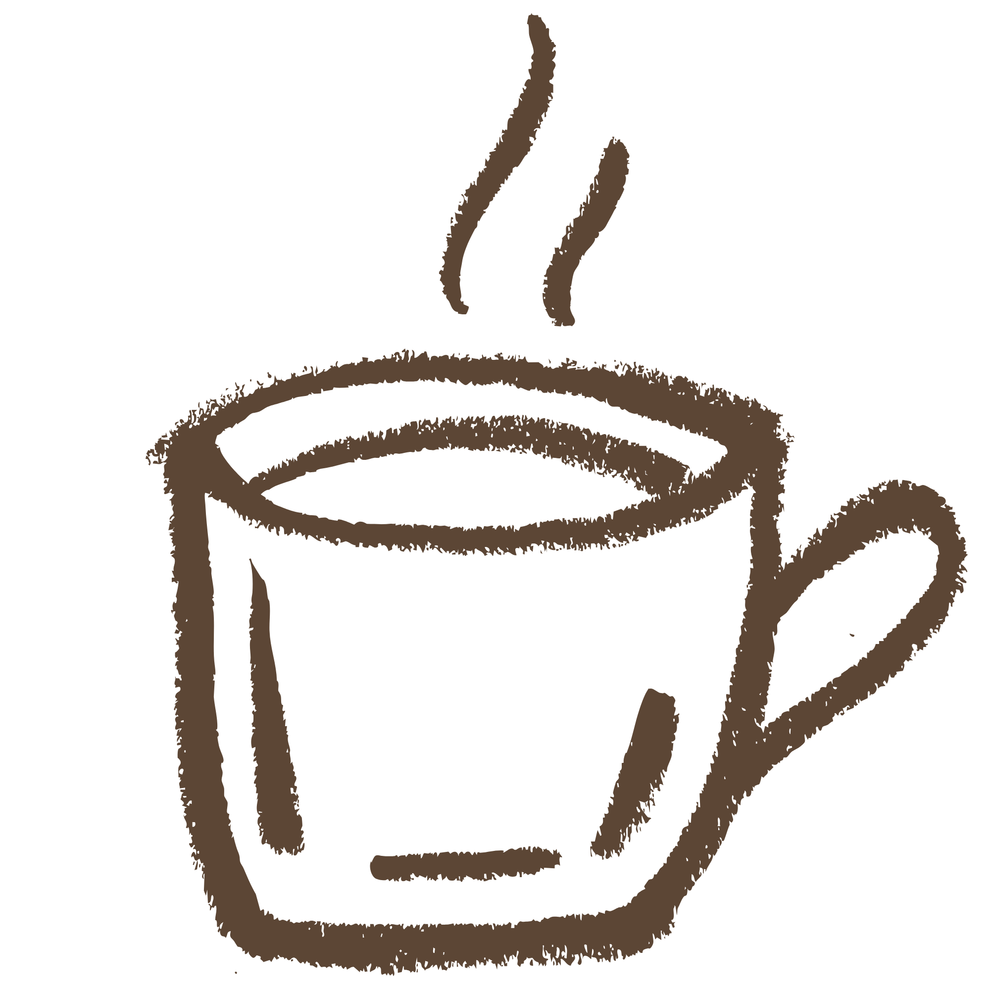 Simple brown line drawing of a steaming cup of hot beverage with a handle on the right side.