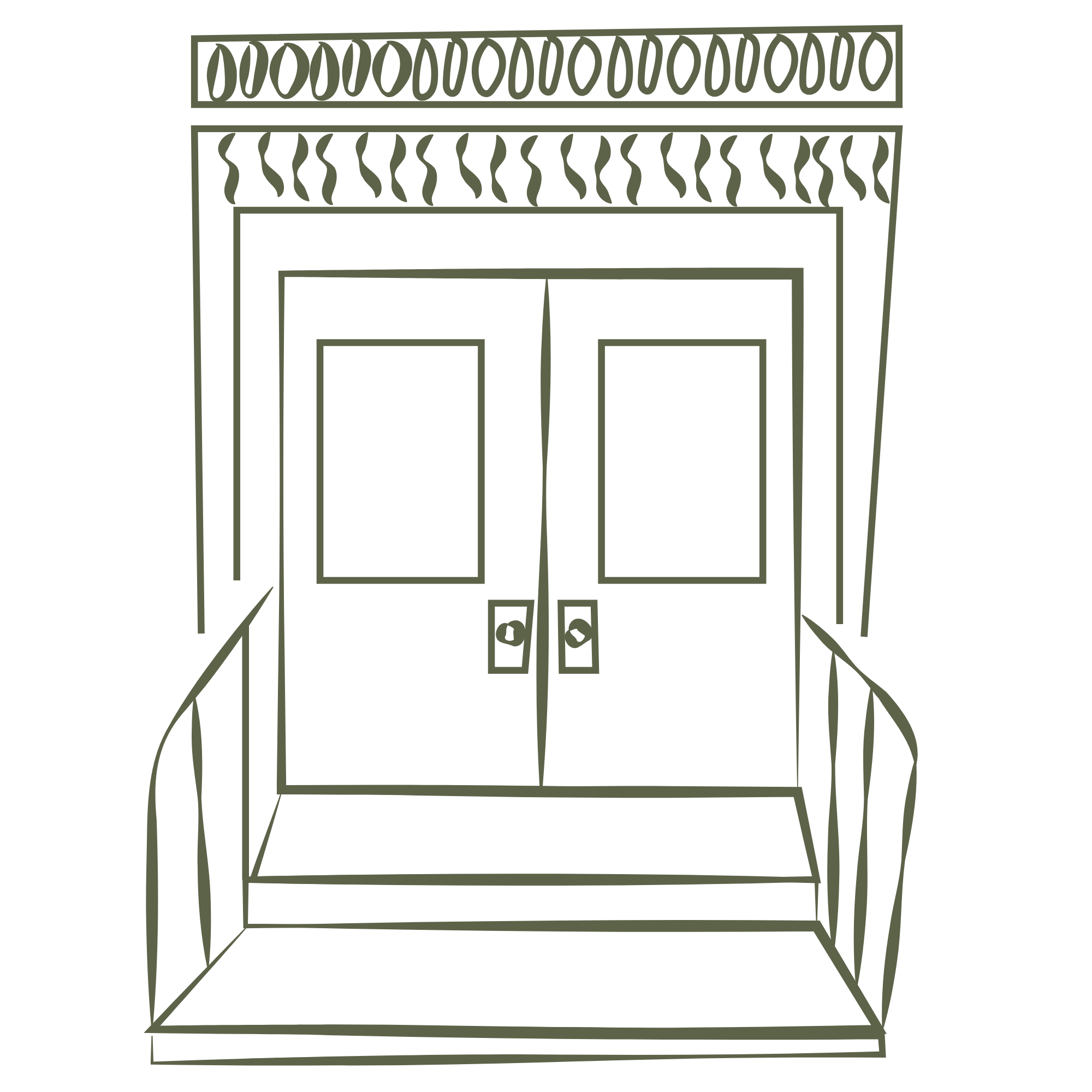 Simple line drawing of a set of double doors with windows and door handles, fronted by stairs with railings on each side.