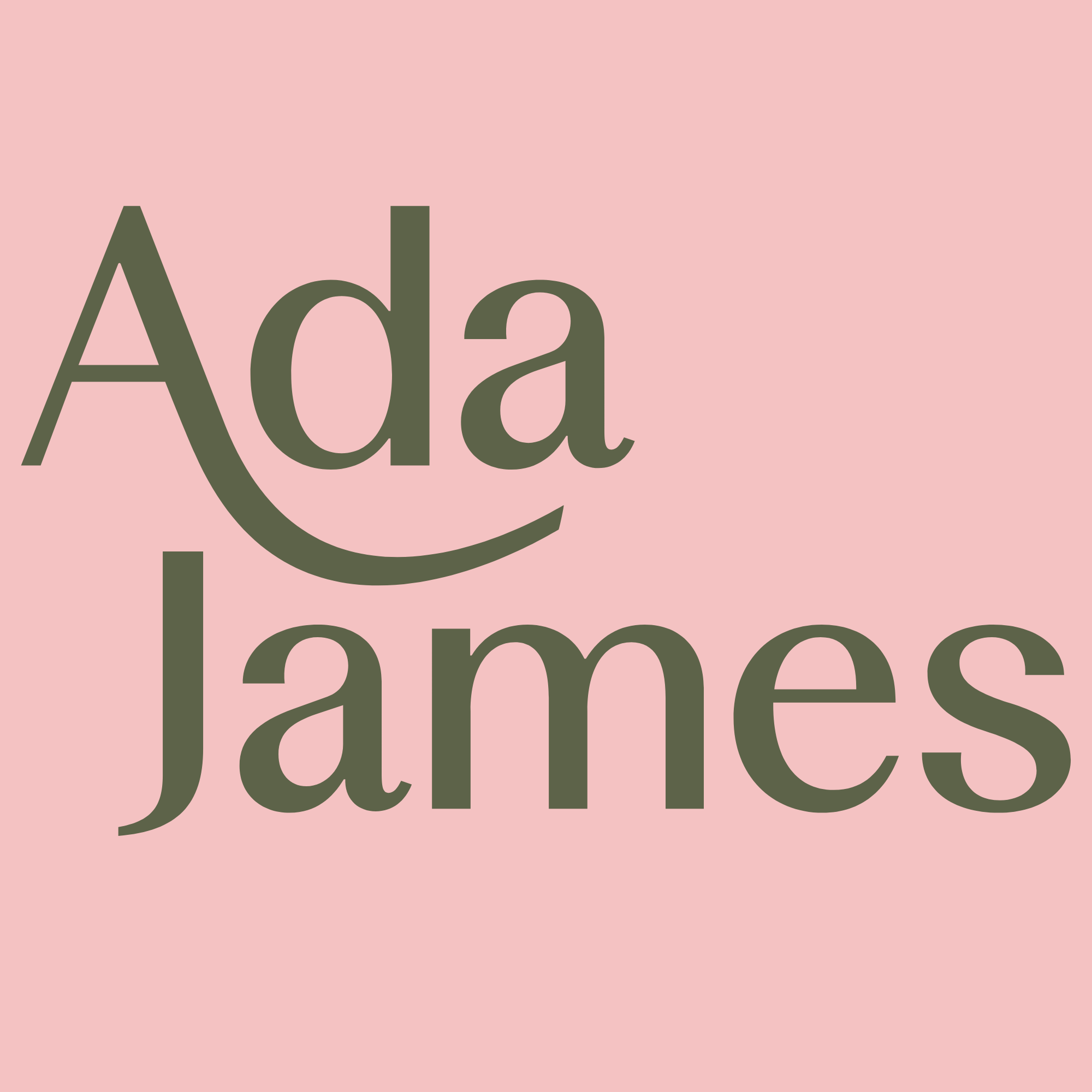 Logo with the words 'Ada James' in a serif font, dark greenish letters on a pink background, with a decorative curve extending from the letter 'A' in Ada.