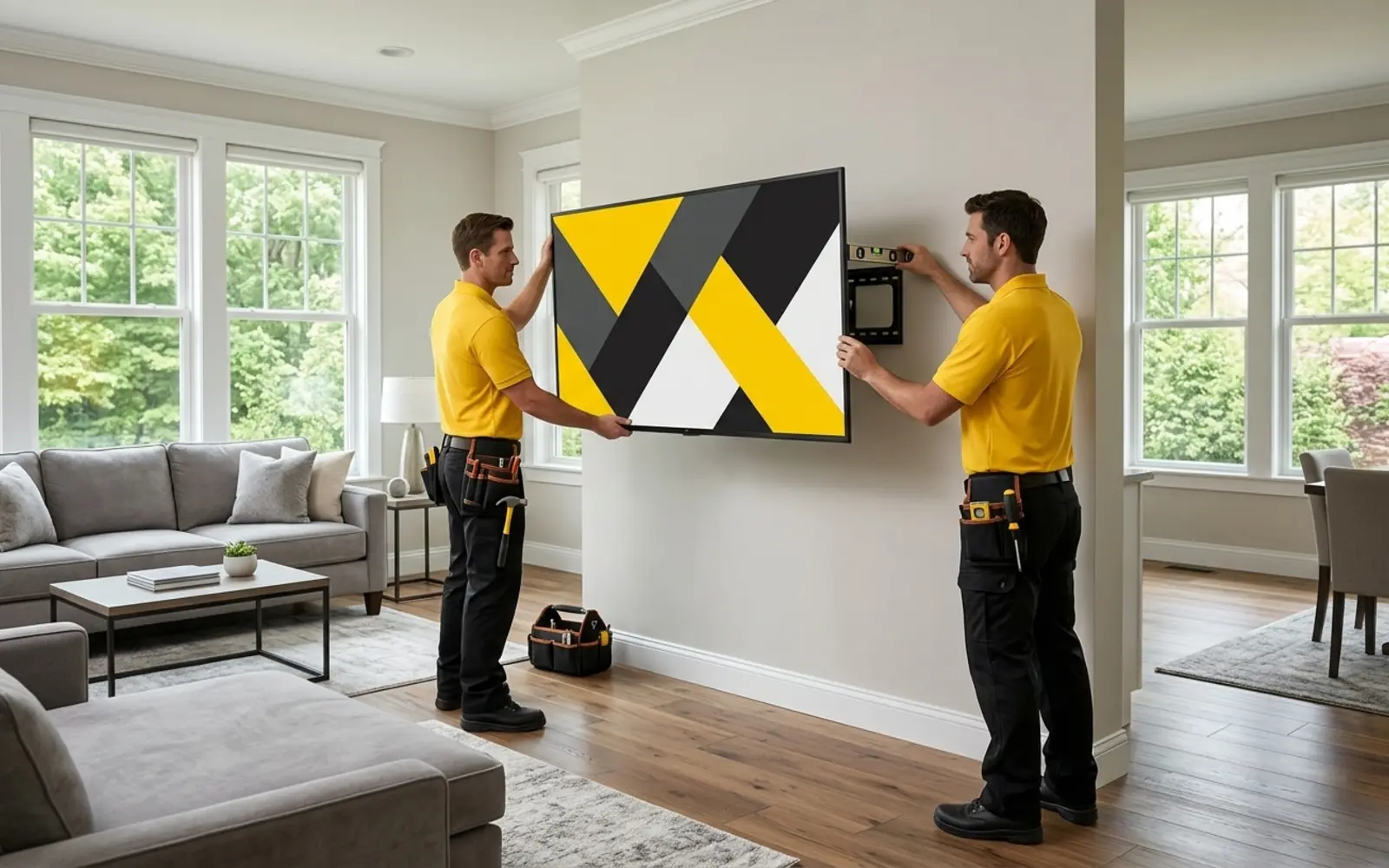 Two professional TV technicians in yellow shirts mounting a television for homeowners in Clarksburg, Maryland