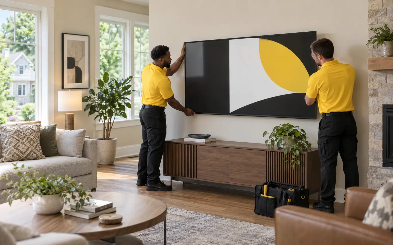 Two professional technicians in yellow shirts mounting a television in a Rockville, Maryland home