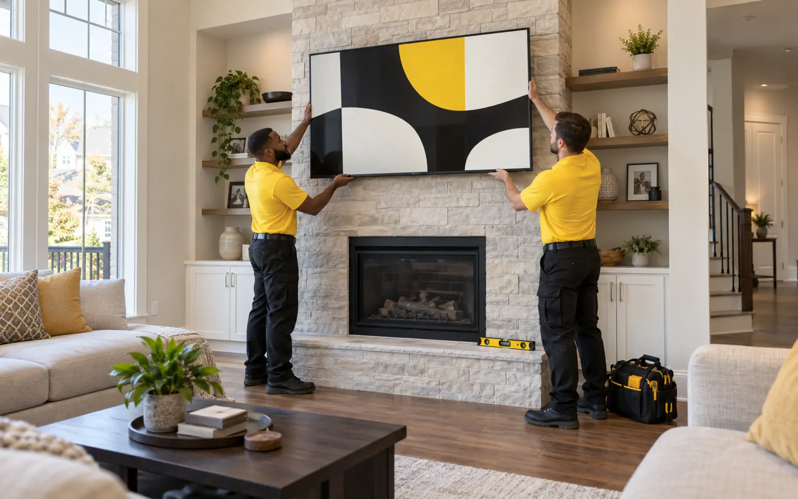 Two professional technicians in yellow shirts mounting a television above a stone fireplace in a Germantown, Maryland home
