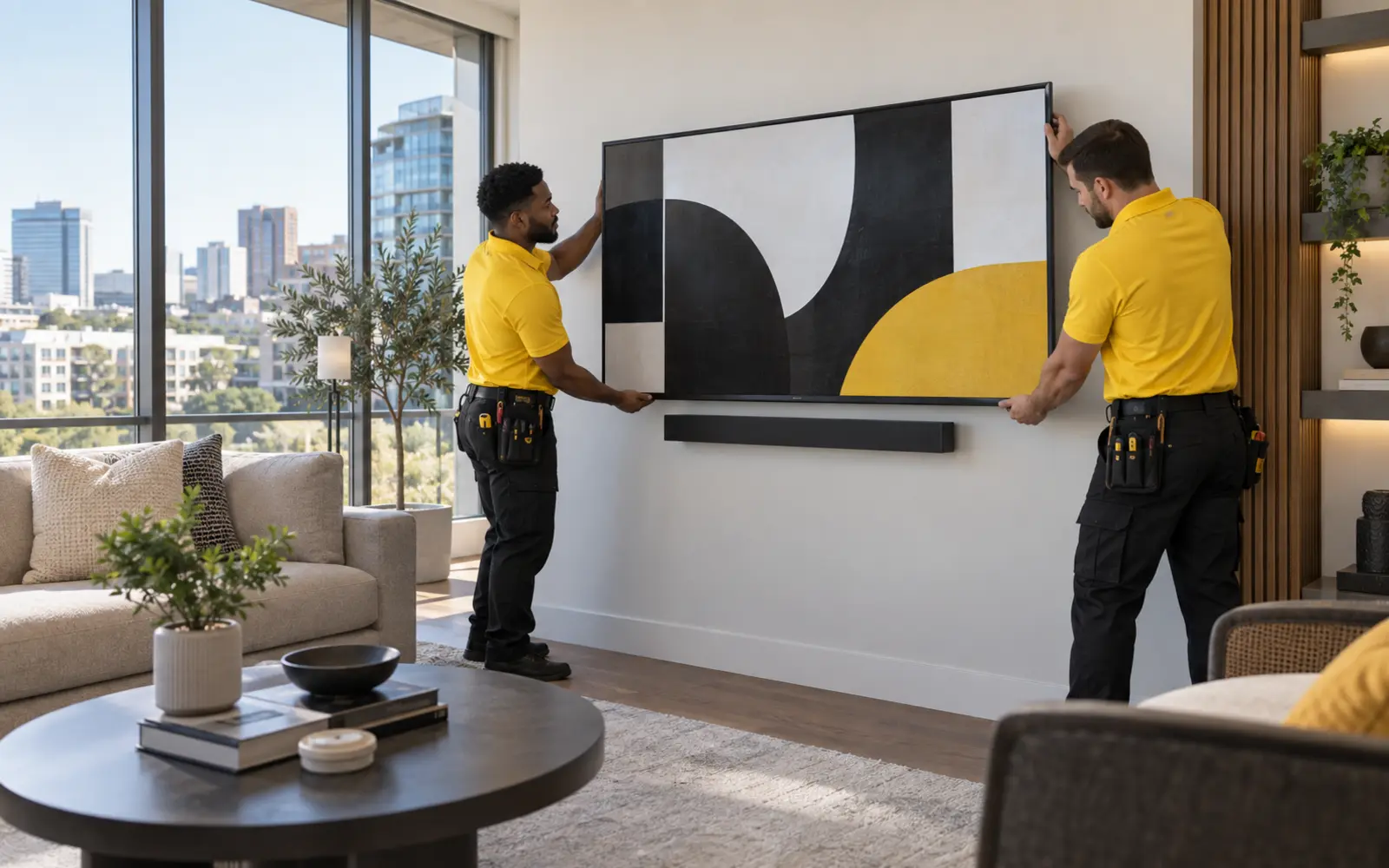 Two professional technicians in yellow shirts mounting a television in a modern Silver Spring, Maryland condo