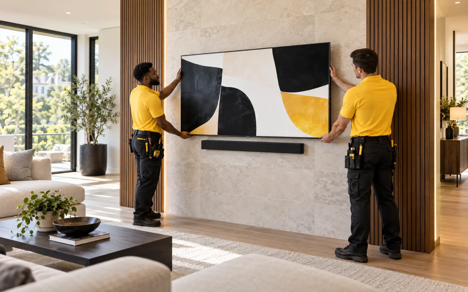 Two professional technicians in yellow shirts mounting a television on a stone feature wall in a Bethesda, Maryland home