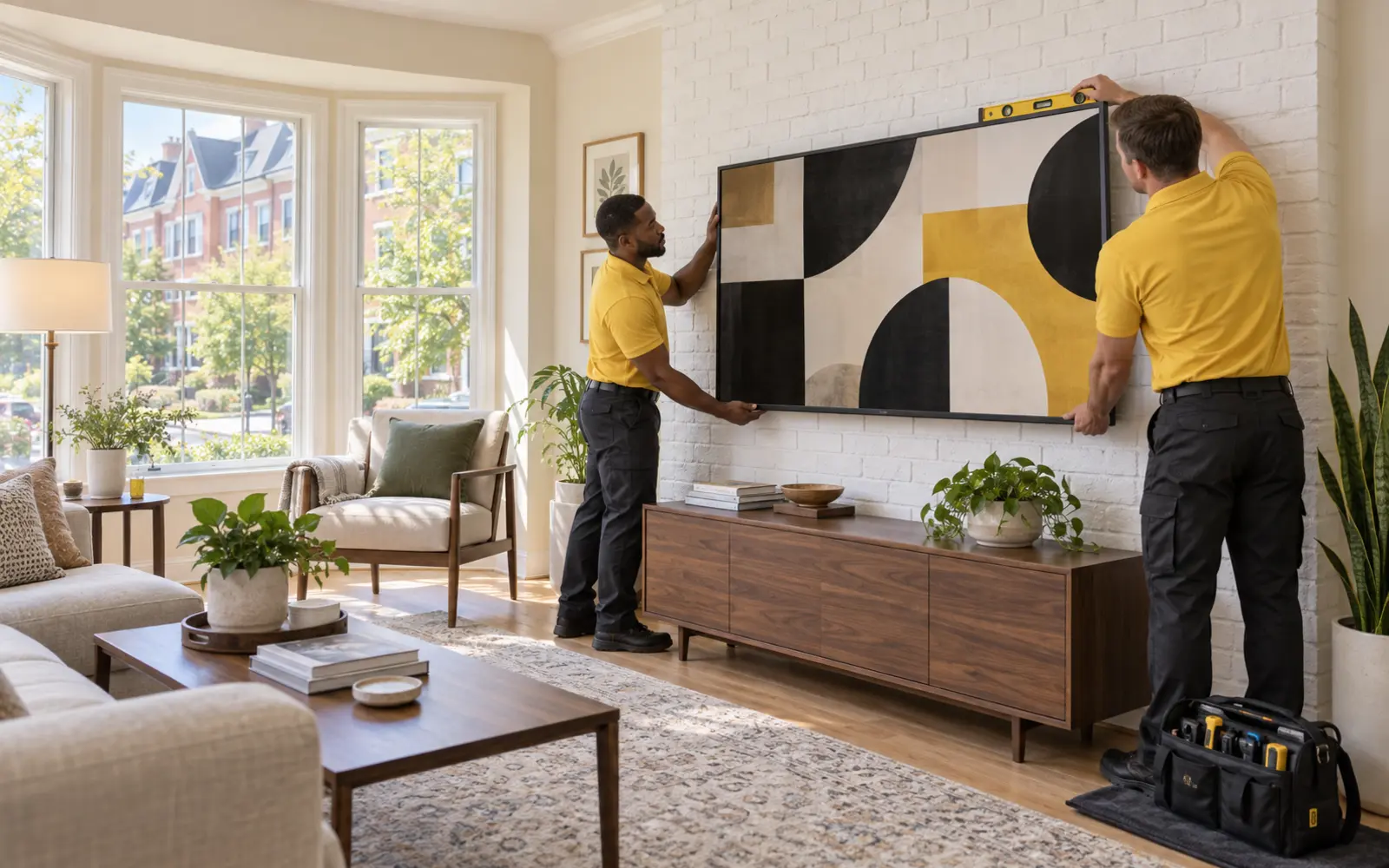 Two professional technicians in yellow shirts mounting a television on a white brick wall in a Gaithersburg, Maryland townhom