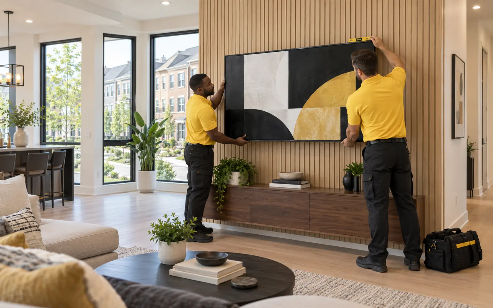 Two professional technicians in yellow shirts mounting a television in a newly built Frederick, Maryland townhome