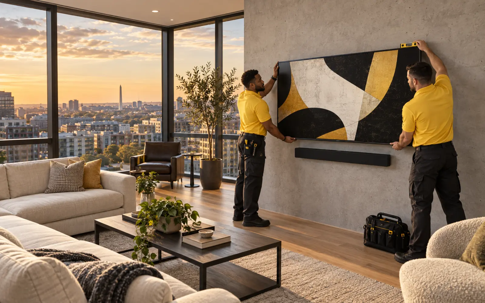 Two professional technicians in yellow shirts mounting a television and soundbar in a new Washington, DC high-rise condo