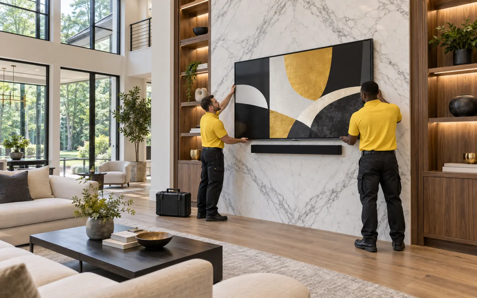 Two professional technicians in yellow shirts mounting an oversized television and soundbar on a marble wall in a Potomac, Ma
