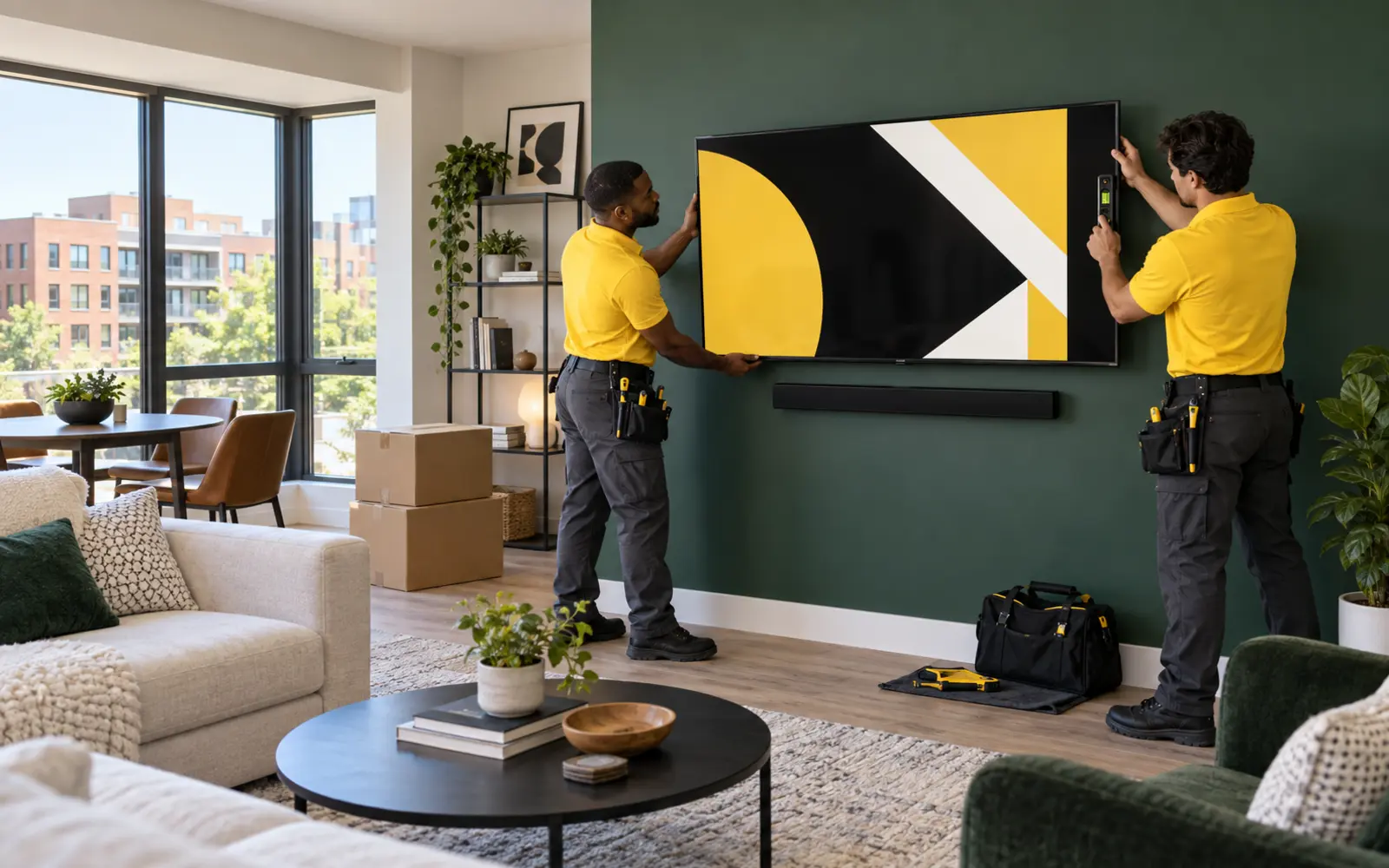 Two professional TV installers in yellow shirts mounting a television in a modern College Park, Maryland apartment