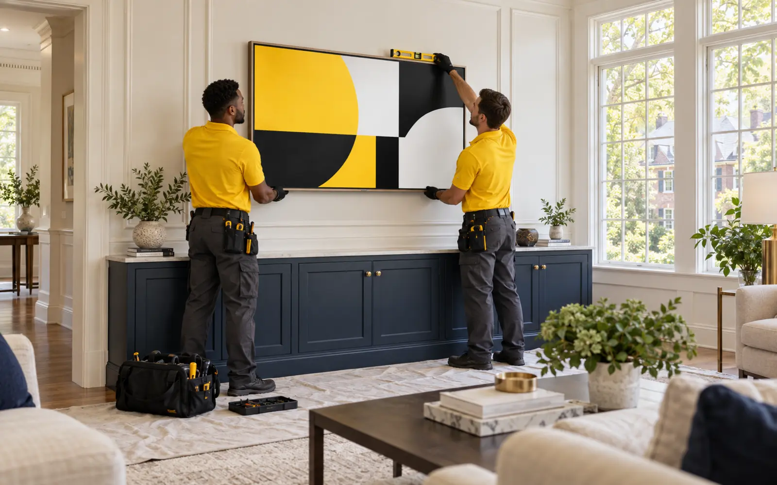 Two professional TV installers in yellow shirts mounting a Frame-style television in an elegant Chevy Chase, Maryland home