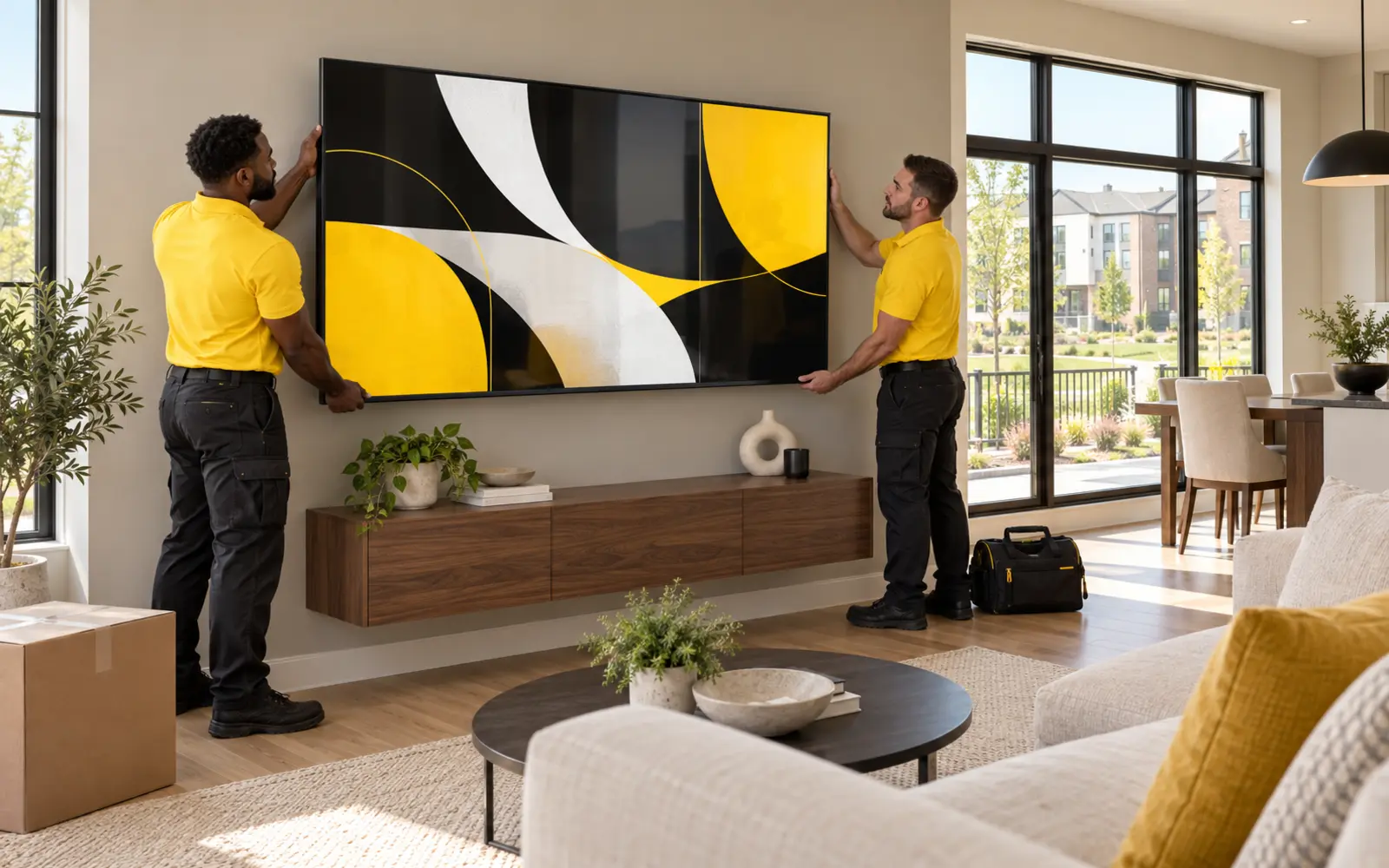 Two professional TV installers in yellow shirts mounting a large television in a newer Urbana, Maryland townhome