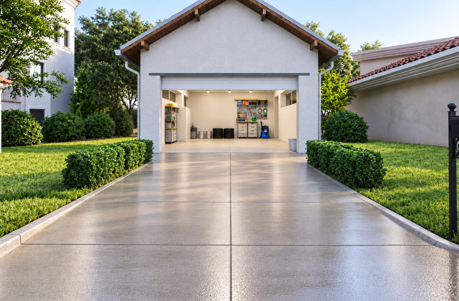 Clean concrete driveway leading to an open garage with organized shelves and tools inside, bordered by hedges and green grass on both sides.