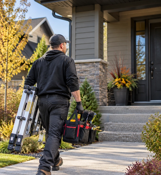 Man dressed in black carrying a folded ladder in one hand and a tool bag in the other, walking towards the steps of a modern house with stone pillars and autumnal plants.