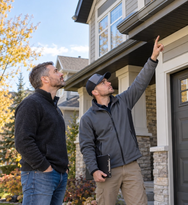 Two men stand outside a house; one man in a grey jacket and cap points to the roof while holding a clipboard, the other man in a black sweater watches attentively.