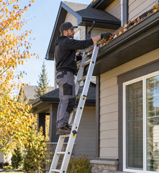 Man wearing a black cap, black hoodie, and gray pants standing on a ladder cleaning brown leaves from a house gutter during autumn.