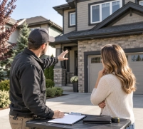 Man wearing a cap and dark jacket pointing towards the exterior of a modern two-story house while talking to a woman with long hair in a beige sweater, standing outside with a clipboard and documents in front of them.
