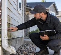 Man wearing a black jacket and cap inspecting the exterior siding of a house while holding a clipboard, crouching near a white downspout with rocks on the ground.