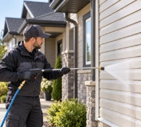 Man wearing black clothes and cap pressure washing the exterior wall of a house with beige siding and stone accents, with shrubs nearby.