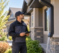 A male technician in a black uniform and cap inspects a gutter on the exterior of a house, holding a tablet and looking up at the gutter system attached to the roof.