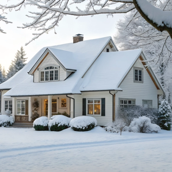 White house with snow-covered roof, bushes, and ground, surrounded by snow-laden trees in a winter landscape.