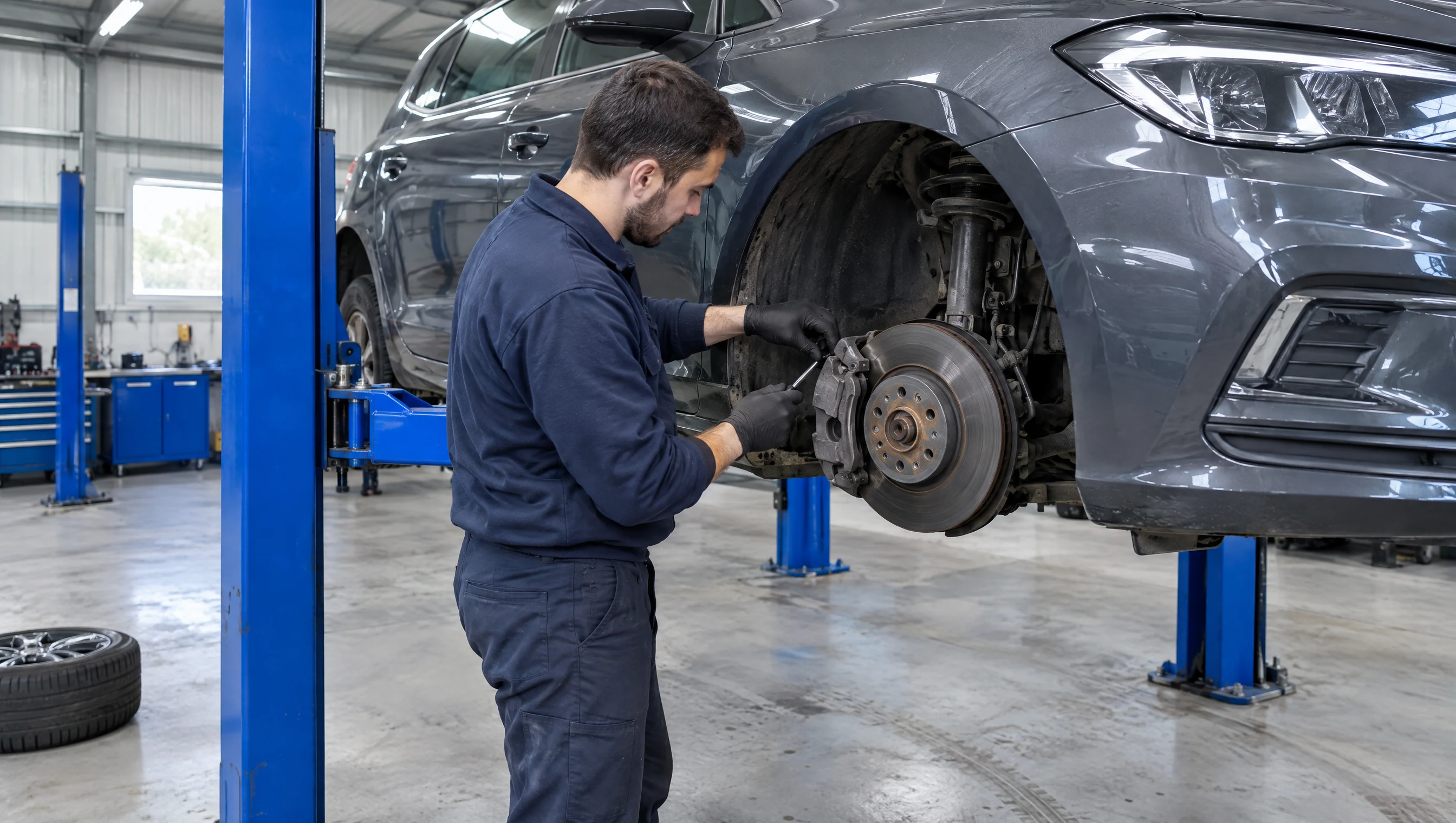Illustrative image of a technician working on a car brake disc and caliper.