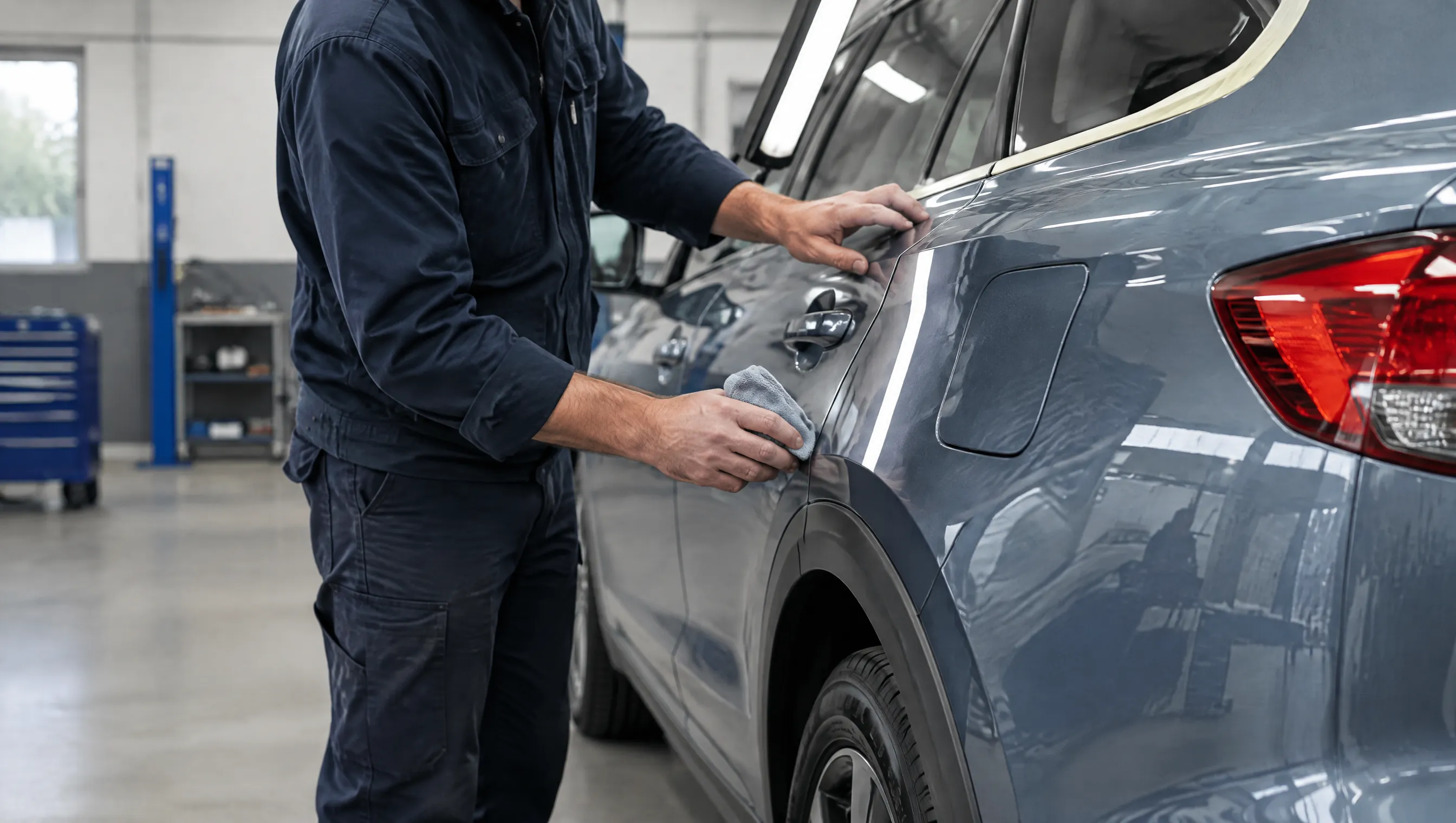 Illustrative image of a technician checking a car’s body panel under an inspection light.